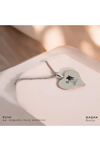 Archin Başak Burçlarına Özel Zincirli Kalp Motifli 925 Ayar Gümüş Plakalı Hediyelik Kolye-456burç Gümüş