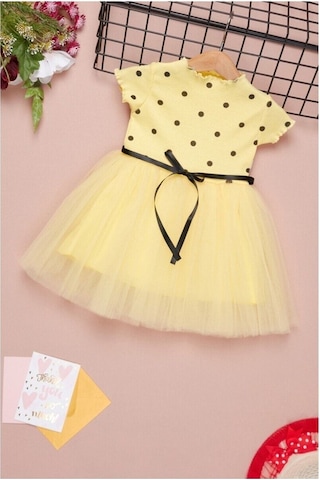 Puantiyeli Sarı Doğum Günü Ve Özel Günler İçin Kız Çocuk Tüllü Elbise 2-7 Yaş Aralığı Sarı