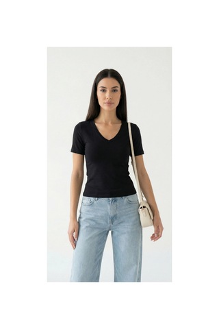 Dıanna Kadın Siyah V Yaka Basic T-shirt Günlük Esnek Kumaş Kısa Kollu T-shirt L