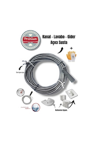 Premium Klozet Lavabo Gider Açıcı 5 Metre 9 Mm Özel Uç Aparatlı Kanal Susta + Eldiven