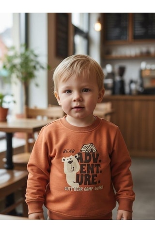 Zekids Erkek Bebek Ayıcık Desenli İnce Uzun Kollu T-shirt-16346 Kahverengi