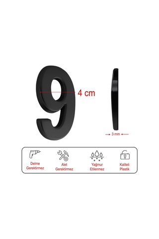 Lexroo Yapışkanlı Kapı Numarası Küçük Boy 50 Mm 5 Cm Numara 9 Rakam Dokuz Sayı Siyah Renk Numaralar Standart