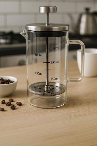 Paslanmaz Çelik Cam French Press 350 Ml - Ölçü Çizgili Filtre Kahve & Bitki Çayı Demliği Şeffaf