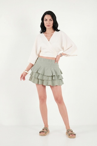 Lela Pamuklu Regular Fit Fırfırlı Mini Müslin Şort Etek Bayan Etek 5866662 Olive