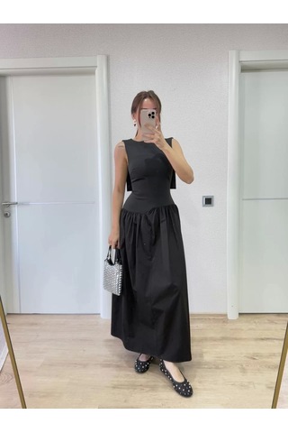 Krep Arkası Kanat Arka Ön Pens Detaylı Uzun Kadın Elbise - Siyah Siyah