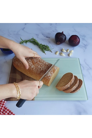 Decorita Kanallı Cam Kesme Tahtası Cam Kesme Tablası Kenarı Ahşap Desenli 25cm x 35cm
