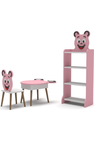 Çocuk Mobilya Seti Happy Face Masa Sandalye ve 4 Raflı Kitaplık Sevimli Figürlü Pembe