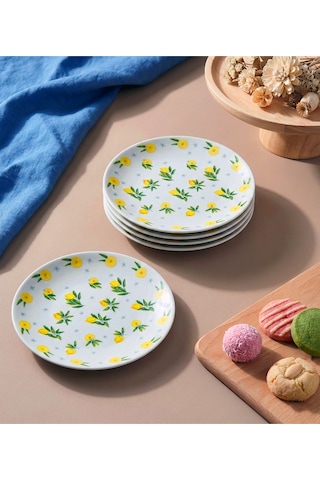 Grandora Limon Desenli 6'lı Pasta Sunum Tabağı 20 Cm Minimal & Şık Sofra Ürünü Pasta Ve Tatlı Tabağı Sarı
