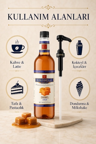 Simonelli Karamel Aromalı Kahve ve Kokteyl Şurubu 700 ML + Şurup Pompası - Latte Frappe Soğuk Sıcak Kahve ve Tatlı Şurubu