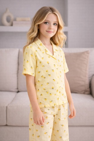 Beka Kids Kız Çocuk Önden Düğmeli Devrik Yaka Kısa Kol Uzun Pantolon Desenli Pijama Takımı Sarı