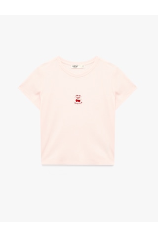 Koton Kısa Kollu Bisiklet Yaka Dokulu Kiraz İşlemeli Pijama Üstü Pembe 6slk40094mk Gül