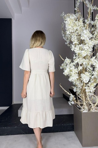 G1027 Dantel Detaylı Keten Elbise Bej-bej Bej