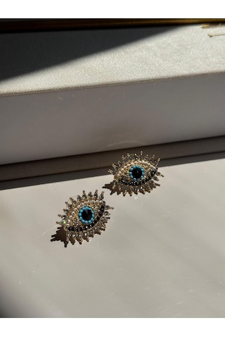 Göz Figürlü Nazar Boncuğu Detaylı Taşlı Küpe Altın Renk Kadın Çelik Takı Altın