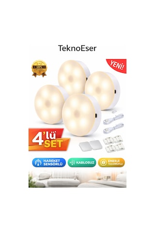 4 Lü Hareket Sensörlü Led Gece Lambası Kablosuz, Şarjlı, Otomatik Aydınlatma Seti Beyaz
