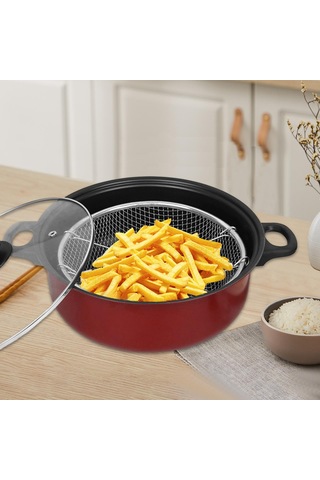 Suntek Yapışmaz Derin Kızartma Tavası Yağ Fritöz Tencere Süt 24cm Kırmızı