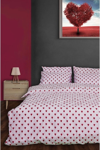 Kırmızı Kalpli Nevresim Seti Tek Kişilik Beyaz - Kırmızı