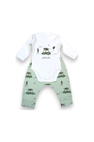 Araba Desenli Hırkalı Erkek Bebek Takım Su Yeşili