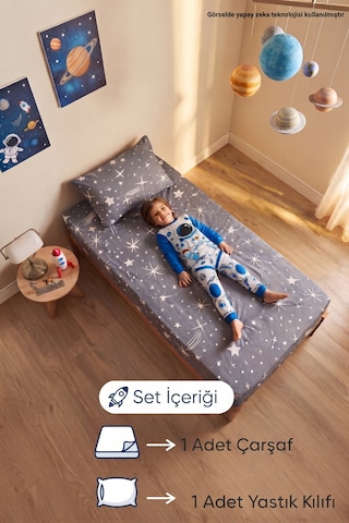 Yıldız Desenli Yastık Kılıflı Tek Kişilik Lastikli Çarşaf Takımı 100x200 Cm Çarşaf+yastık Kılıfı Gri