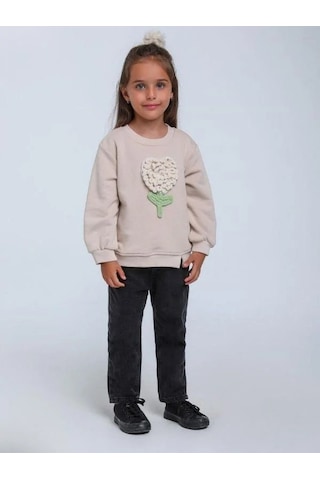 Kız Bebek Örgü Çiçek Detaylı Sweathirt-14304 Bej