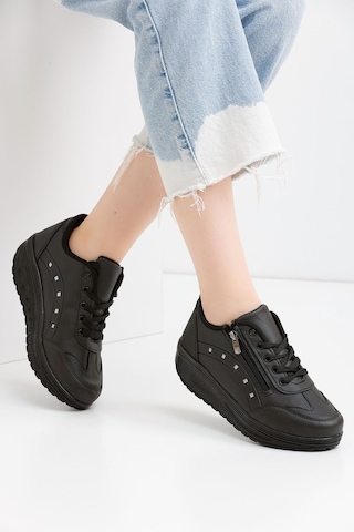 Kadın Siyah Spor Ayakkabı 6 Cm Yüksek Rahat Taban Sneaker X300 Siyah