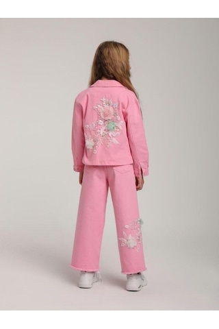 Kız Çocuk Cepli Tül Çiçekli Kot Ceket-15582 Pembe