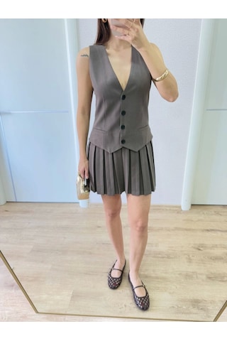 Dogutrend Takım Görünümlu Yelekli Mini Elbise- Füme