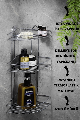 3 Katlı Krom Yapışkanlı Banyo Köşeliği Düzenleyici, Şampuanlık, Paslanmaz Metal Köşelik Duş Rafı - EK-03