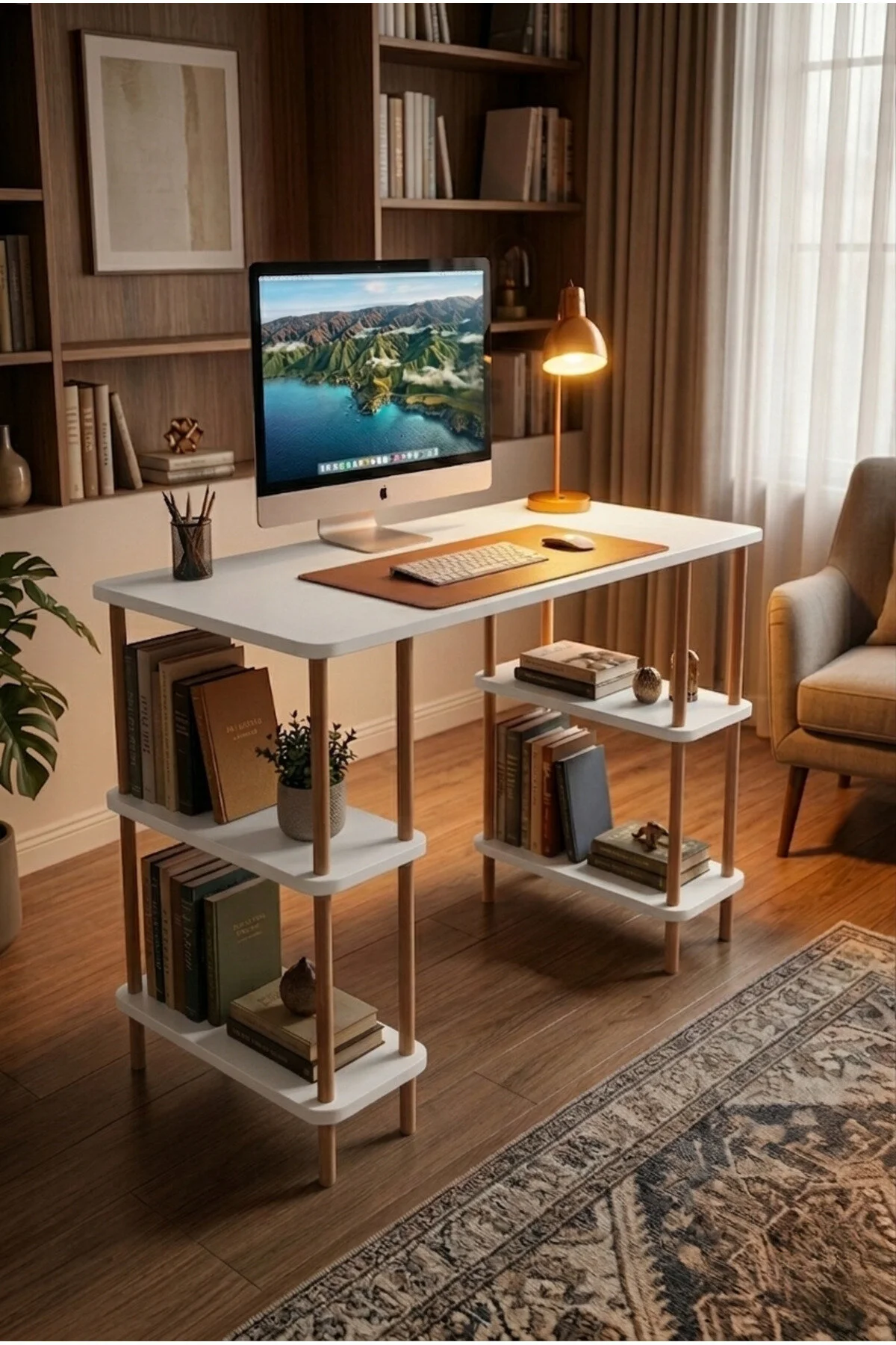 Kitaplıklı Bilgisayar Masası Raflı Geniş Çalışma Masası Modern Dekoratif Ofis Mobilyası Beyaz