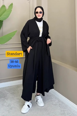 Balenbi Kadın Kuşaklı Kimono Hırka Bol Paça Pantolon Takım Tesettür 2'li Kombin 1230 Siyah