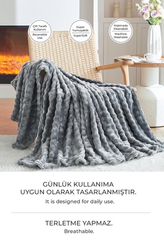 Kürk Bubble Battaniye Seti Çift Kişilik Peluş Tavşan Tüyü 3 Parça Yumuşak 220x240 Cm Antrasit