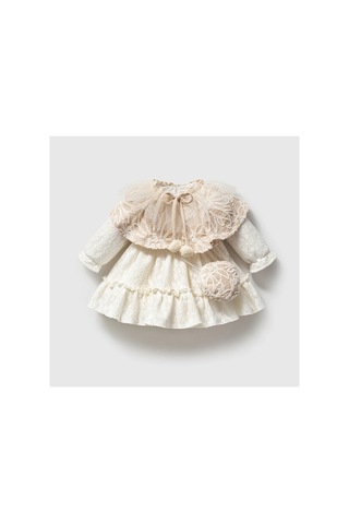 Ministok Elena Pelerinli Kız Bebek Elbisesi 3 Parça Elbise - Pelerin- Çanta Bej