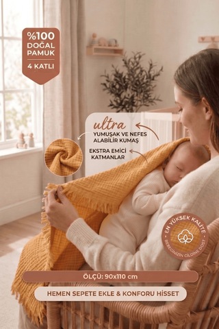 Müslin Püsküllü 4 Katlı Müslin Battaniye 90x120 Cm - Ze4katlı Turuncu