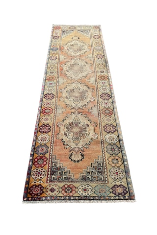 El Dokuma Vintage Eskitme Maden Halısı 94x300 Yün 3 Metre Yolluk Renkli