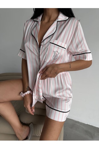 Victoria's Secret Kadın İkili İpek Saten Pijama Takımı Pembe - Beyaz