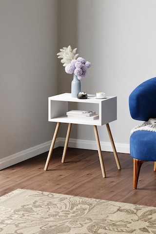 Ahşap Ayaklı Raflı Komodin Beyaz