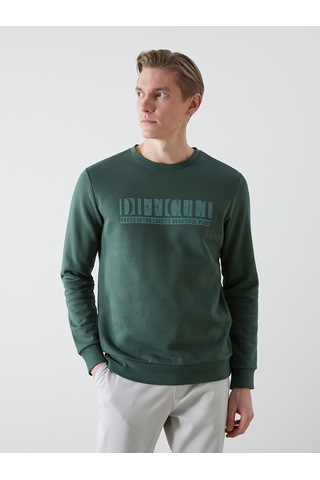 Lcwaıkıkı Classic Yeşil Bisiklet Yaka Baskılı Erkek Kalın Sweatshirt