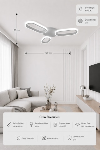 Hilton 3'lü Led Plafonyer Avize Beyaz Işık Gri