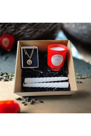 Denic Hediye Seti Kokulu Kırmızı Bardak Mum Yaşam Agacı Kolye Burgulu Mum