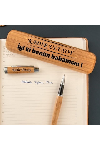 Babalar Günü Hediyesi İsme Özel Bambu Ahşap Roller Kalem Seti - İyi Ki Benim Babamsın Kutulu Kalem Mavi