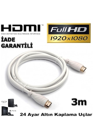 3M Metre Hdmi  Kablo V1.4 2160P Full Hd Beyaz Lcd Pc Laptop Ps3 3D