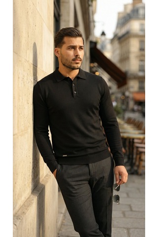 Suma Erkek Düğme Yakalı Triko - Siyah, 2xl Beden
