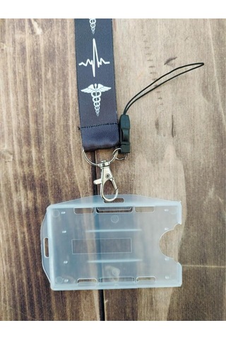 Tıp Sembolü Siyah Zemin Kart Askısı Yaka Kartı Boyun Askı İpi Telefon Askısı Yatay Dikey Kart Koruyucu