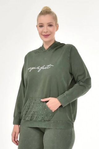 Kadın Büyük Beden İtalyan Yıkama Haki Kapşonlu Sweatshirt Haki