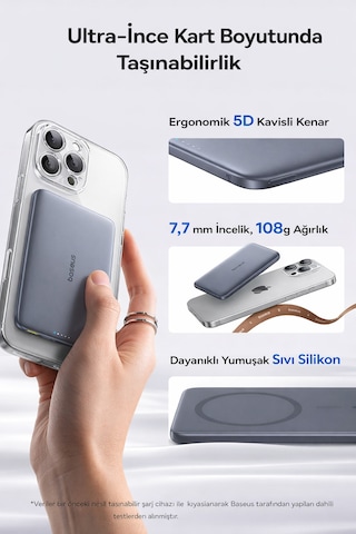 Baseus Picogo 0.3'' Ultra İnce 5000mah Magsafe Kablosuz Powerbank, Bej Bej