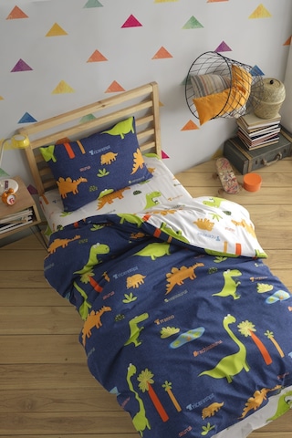 Eponj Home Stk Pamuklu Nevresim Takımı Tek Kişilik Dinolar Lacivert