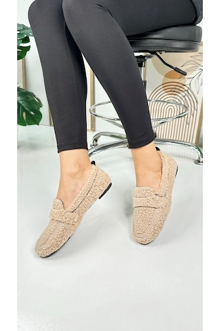Günlük Kadın Loafer Peluş Astarlı Oval Burunlu Alçak Desenli Tabanlı Ayakkabı 375 VIZON