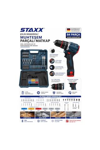 Staxx Brsl182lı 18v Li-ion Şarjlı Matkap Çelik Mandrenli 84 Parça Ahşap Metal Beton Delme Seti Çanta