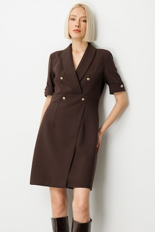 Ekol Kadın Kruvaze Yaka Süs Düğmeli Elbise 4017 Kahverengi Kahverengi