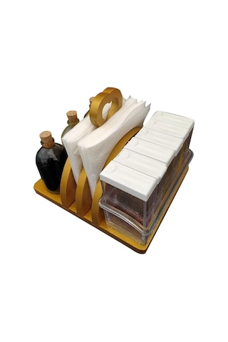 Ahşap Altın Varaklı Peçetelik Limonluk Yağlık Baharatlık Takımı