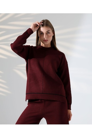Kontrast Dikişli Kadın Triko Takım Bordo